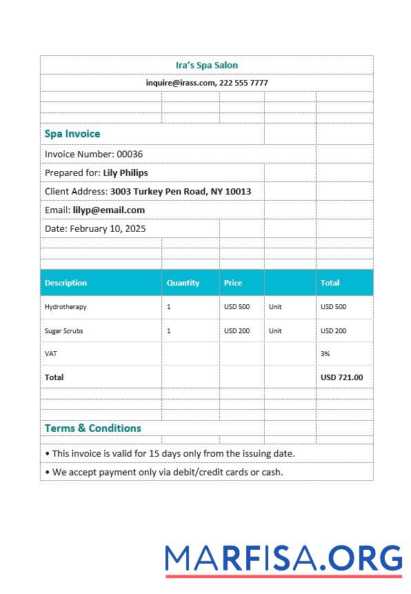 Downloadable Editable Spa Invoice Template